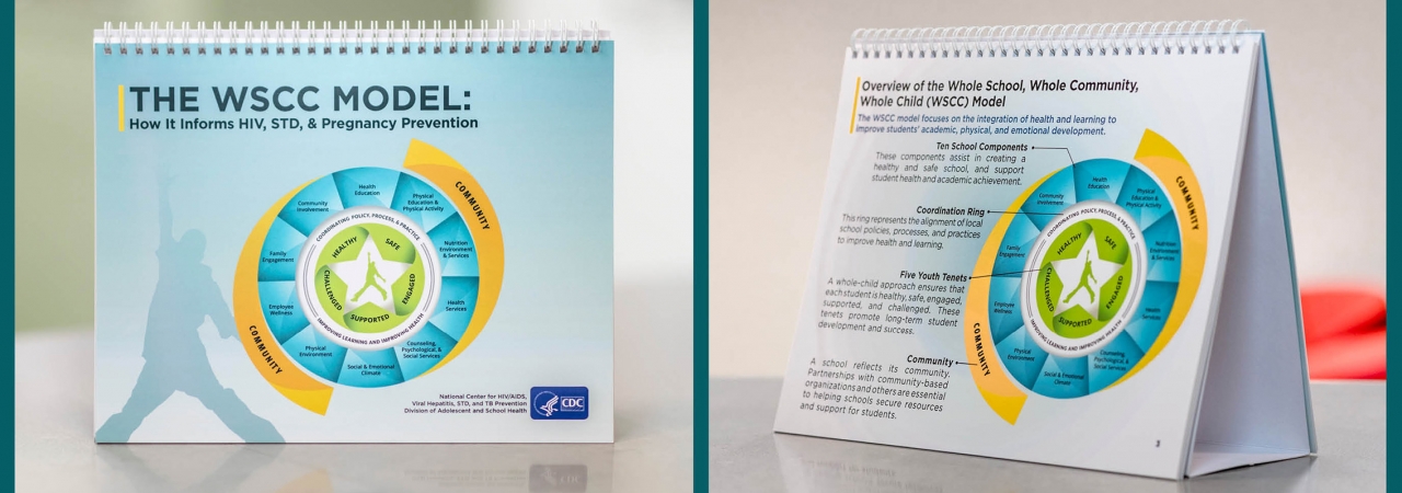 Printed flipbooks feature laminated pages and built-in cardboard stands for tabletop use. images of a printed book with wire binding and a cardboard stand. The book features images of the WSCC model with associated definitions.