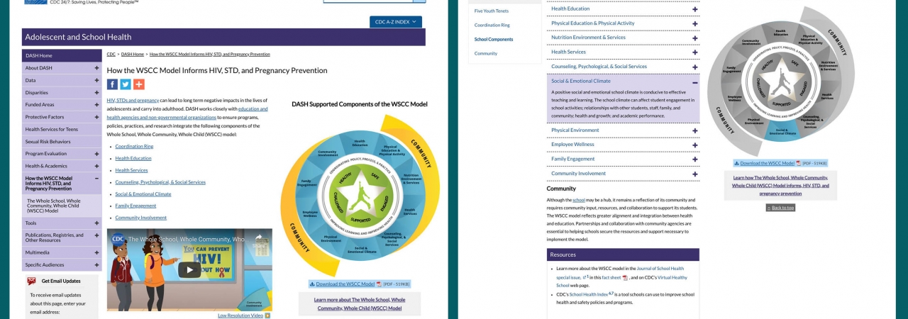Interactive features and multimedia engage users to learn more about the WSCC model. images of two pages from the CDC website that feature information about the WSCC model.