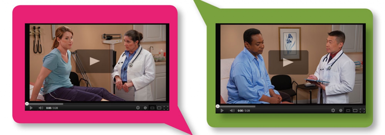 Video screenshots of doctors speaking with patients.
