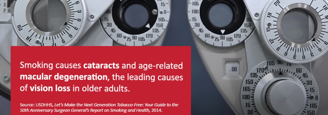A vision-checking machine with overlay text -- Smoking causes cataracts and age-related macular degeneration the leading causes of vision-loss in older adults.