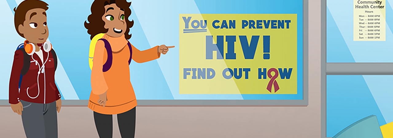 Illustration of two teens on an urban sidewalk pointing at a sign in a storefront that says “you can prevent HIV.”