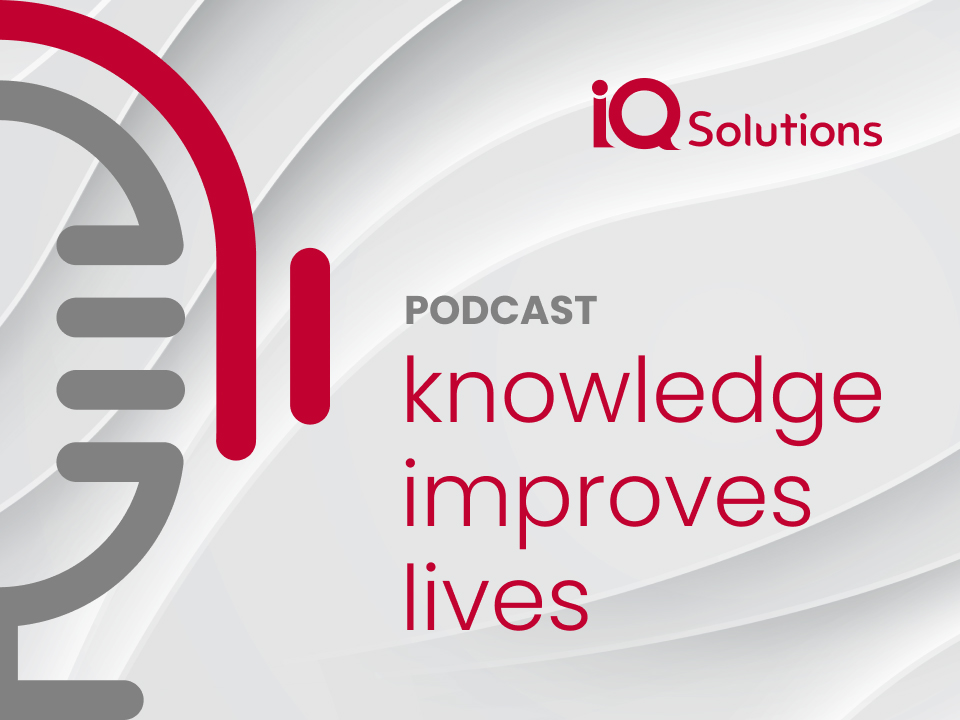 IQ Solutions Podcast, knowledge improve lives with a microphone icon