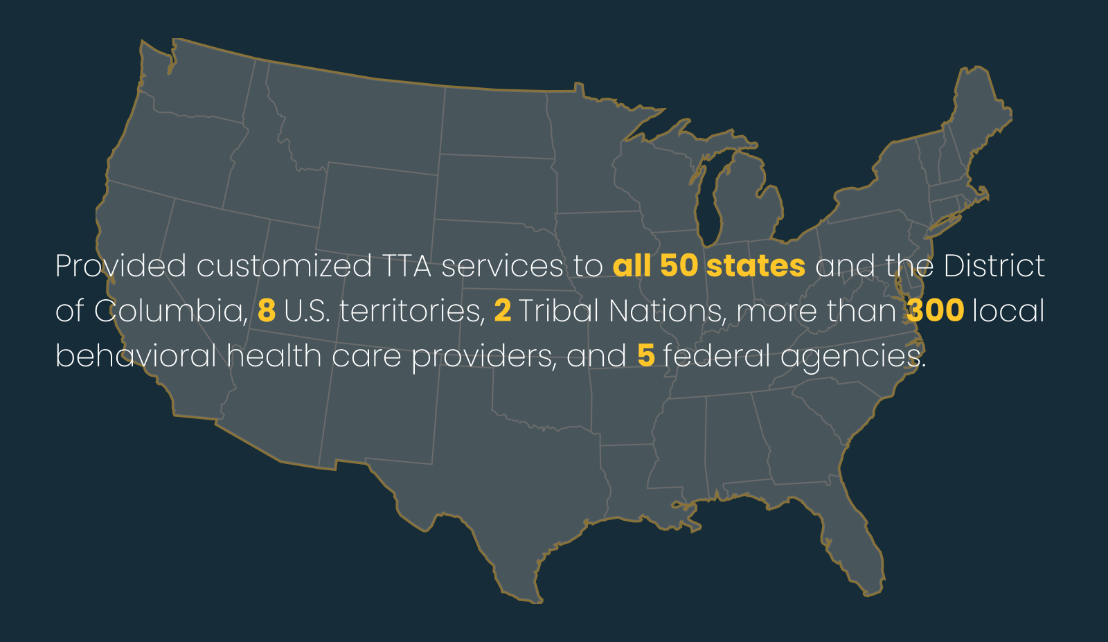 A map with text Provided customized TTA services to all 50 states and the District of Columbia, 8 U.S. territories, 2 Tribal Nations, more than 300 local behavioral health care providers, and 5 federal agencies. 