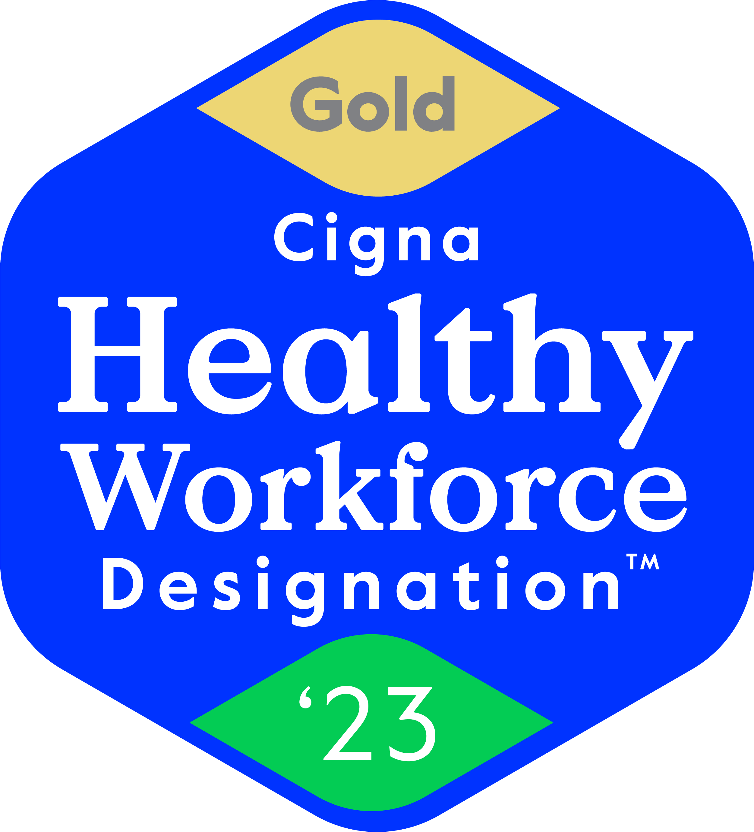 Cigna badge with gold at the top and cigna healthy workforce designation for 2023