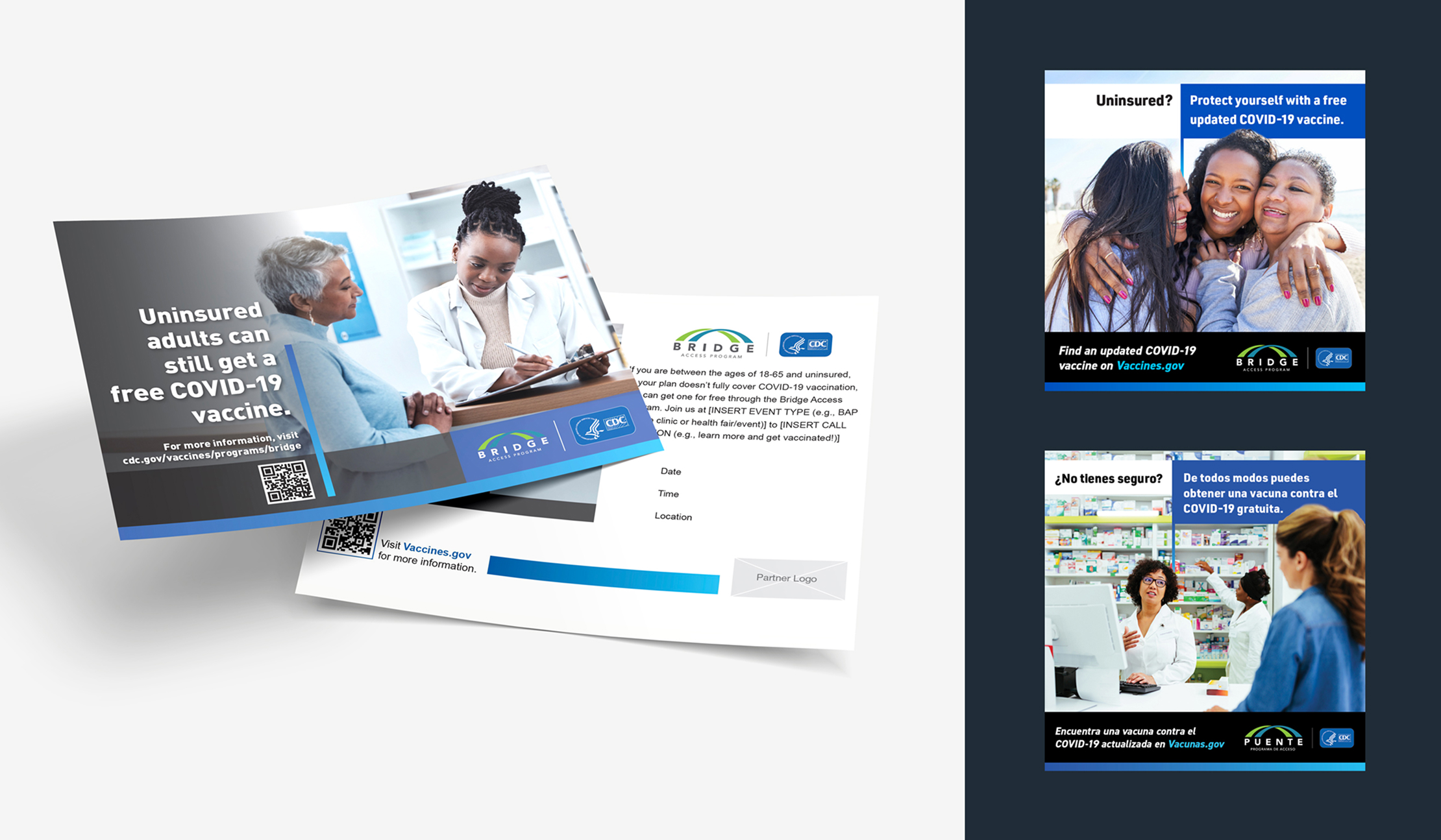 Uninsured adults can still get a free covid-19 vaccine brochure and other brochures with similar text that displays people and pharmacists