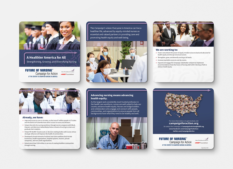 A collage of registered nursing assets, with focus on having a healthier America for all.