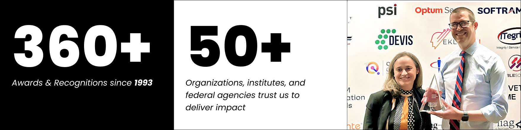 More than 360 awards and recognitions since 1993, more than 50 organizations, institutes, and federal agencies trust us to deliver impact, and two iqs team members holding an award at an event