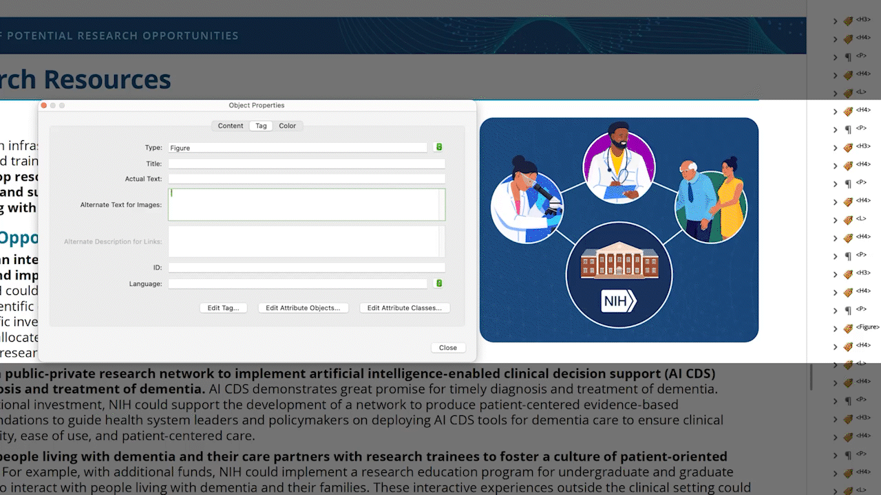 The screen zooms in and a field called alternative text for image you can see the following text generated with AI: Illustration of NIH building surrounded by icons representing research, healthcare, and eldercare