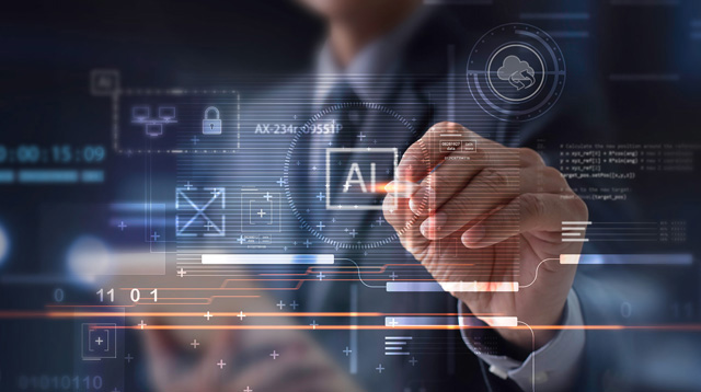 A person interacting with a touch screen that has AI and setting in motion automated agents