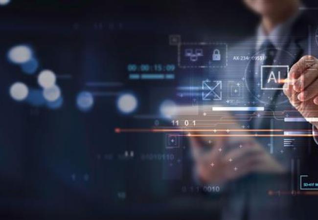 A person interacting with a touch screen that has AI and setting in motion automated agents