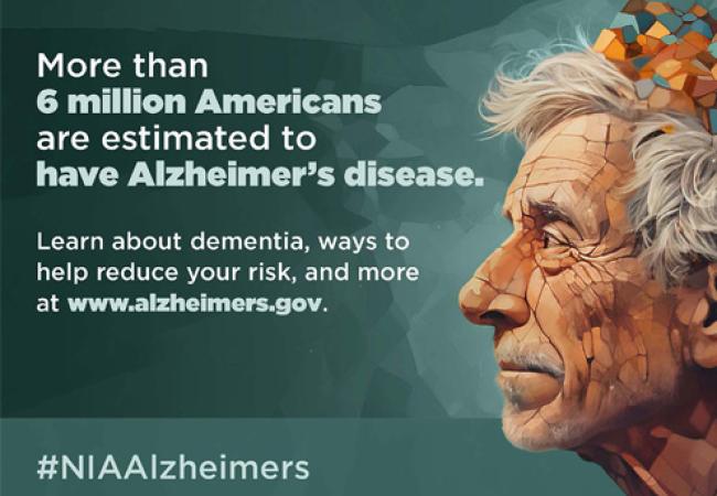 Promotional graphic for alzheimers.gov showing a stylized profile of a person with fragmented, mosaic-like shapes around the head. More than 6 million Americans are estimated to have Alzheimer’s disease. Learn about dementia, risk reduction, and more at alzheimers.gov. The graphic includes the hashtag #NIAAlzheimers and the NIH National Institute on Aging logo.