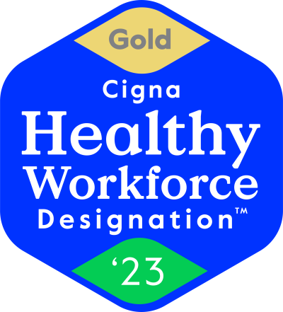 Cigna badge with gold at the top and cigna healthy workforce designation for 2023