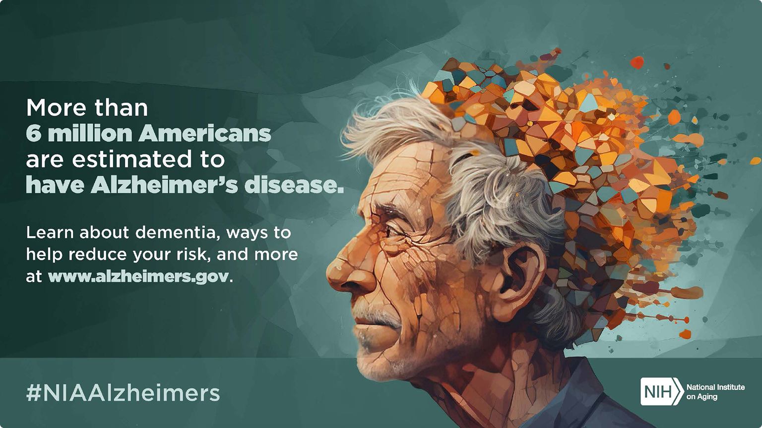 Promotional graphic for alzheimers.gov showing a stylized profile of a person with fragmented, mosaic-like shapes around the head. More than 6 million Americans are estimated to have Alzheimer’s disease. Learn about dementia, risk reduction, and more at alzheimers.gov. The graphic includes the hashtag #NIAAlzheimers and the NIH National Institute on Aging logo.
