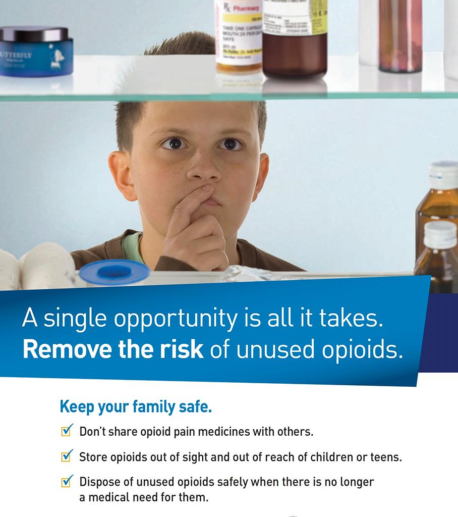 A single opportunity is all it takes. Remove the risk of unused opioids. Keep your family safe. Don't share opioid pain medicine with others. Store opioids out of site and out of reach of children or teens. Dispose of unused opioids safely when there is no longer a medical need for them.