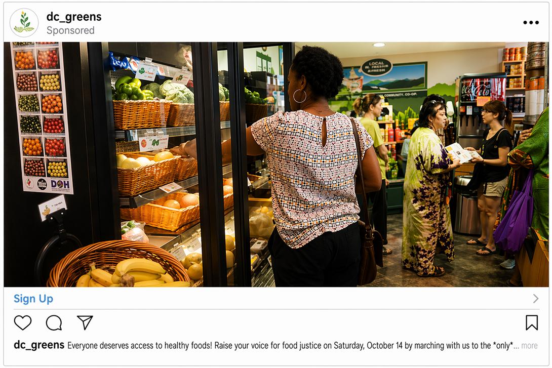 Sponsored dc_greens social media post showing shoppers browsing fresh produce in a small grocery store, with a “Sign Up” call-to-action and caption text about access to healthy foods.