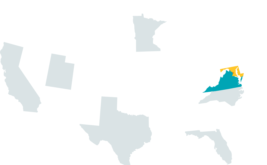 A map of the United States with teal and yellow highlights on Maryland and Virginia representing 52% company geography in Maryland 16% geography in Virginia. A orange dot between yellow and teal represents 2.4% company geography in Washington DC